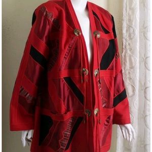 Girasol Size Medium Red Funky Art-to-Wear Mexico Patchwork Southwest Jacket
